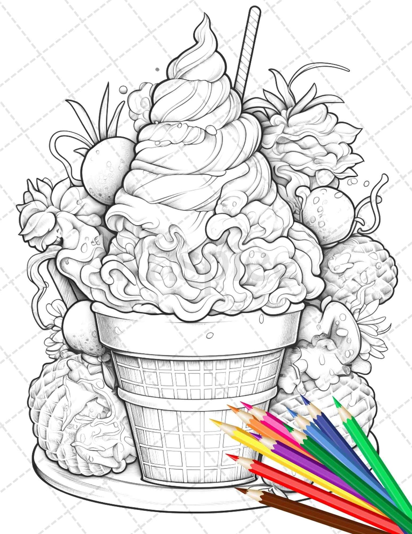 52 Printable Ice Cream Desserts Coloring Pages for Adults and Kids, Grayscale Coloring Page, PDF File Instant Download