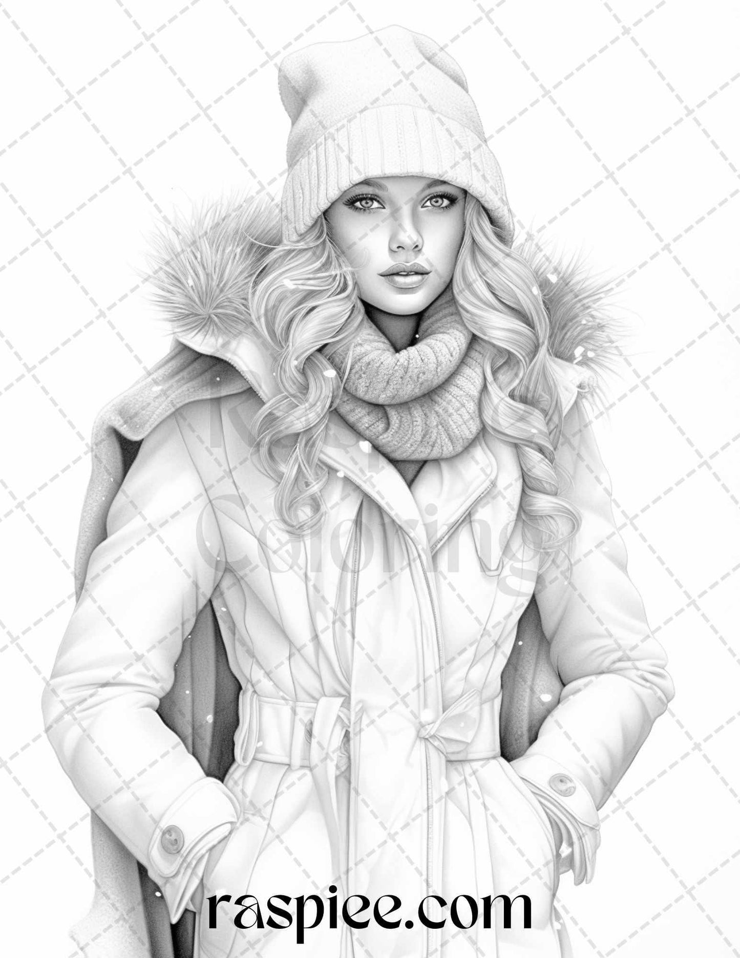 40 Winter Fashion Grayscale Coloring Pages Printable for Adults, PDF File Instant Download