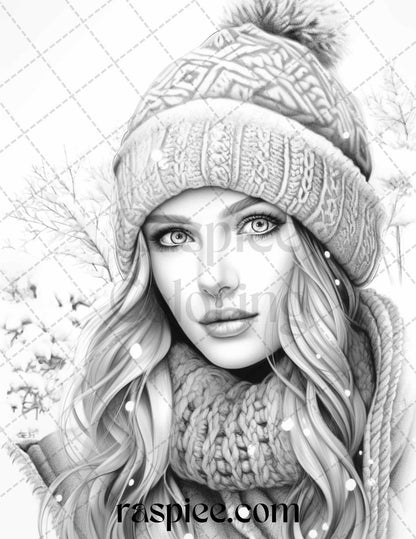 60 Beautiful Winter Girls Grayscale Coloring Pages Printable for Adults, PDF File Instant Download