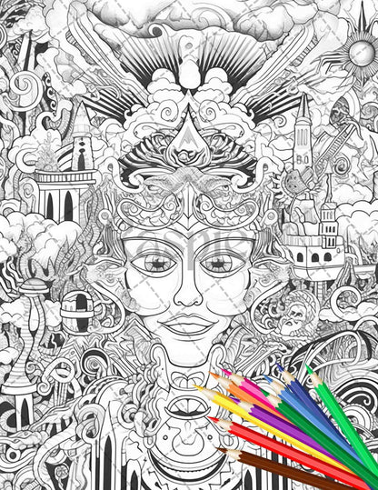 Psychedelic Trippy Coloring Book Printable for Adults, Grayscale Coloring Page, PDF File Instant Download
