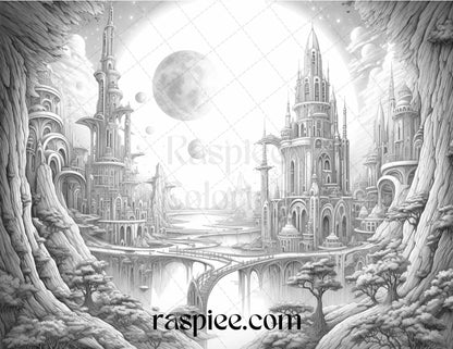 55 Celestial Landscapes Grayscale Coloring Pages Printable for Adults, PDF File Instant Download
