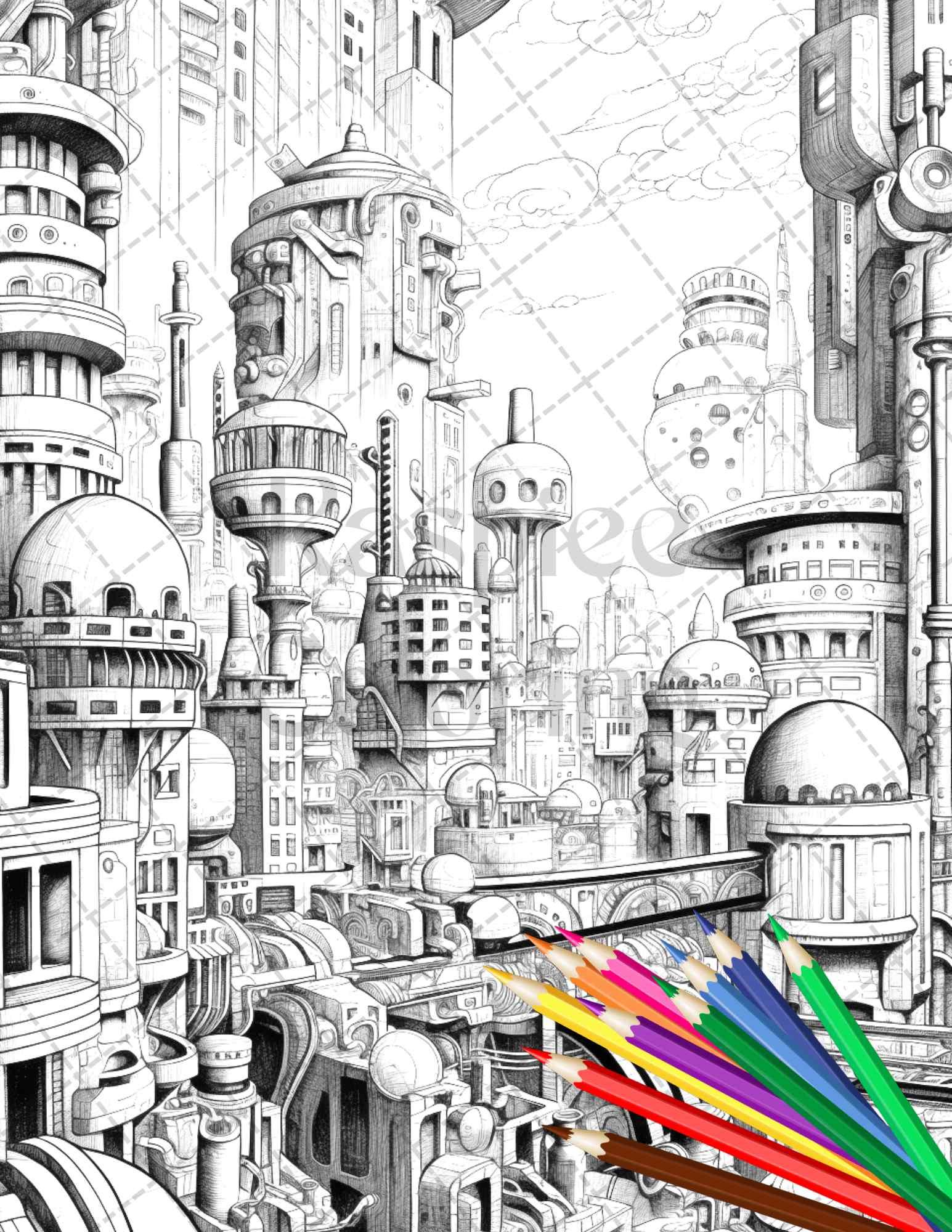 50 Futuristic Metropolis Grayscale Coloring Pages Printable for Adults, PDF File Instant Download