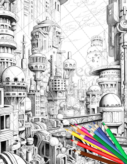 50 Futuristic Metropolis Grayscale Coloring Pages Printable for Adults, PDF File Instant Download