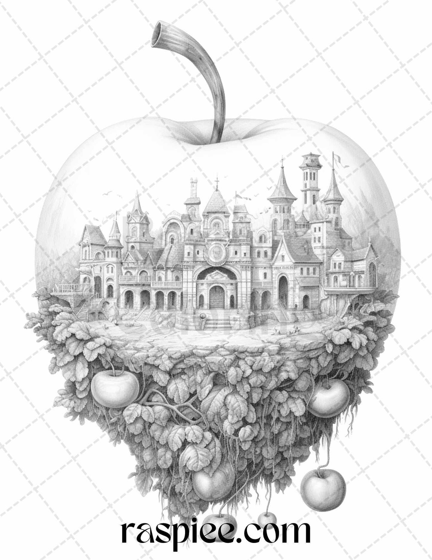 60 Miniworld in the Apple Grayscale Coloring Pages Printable for Adults, PDF File Instant Download
