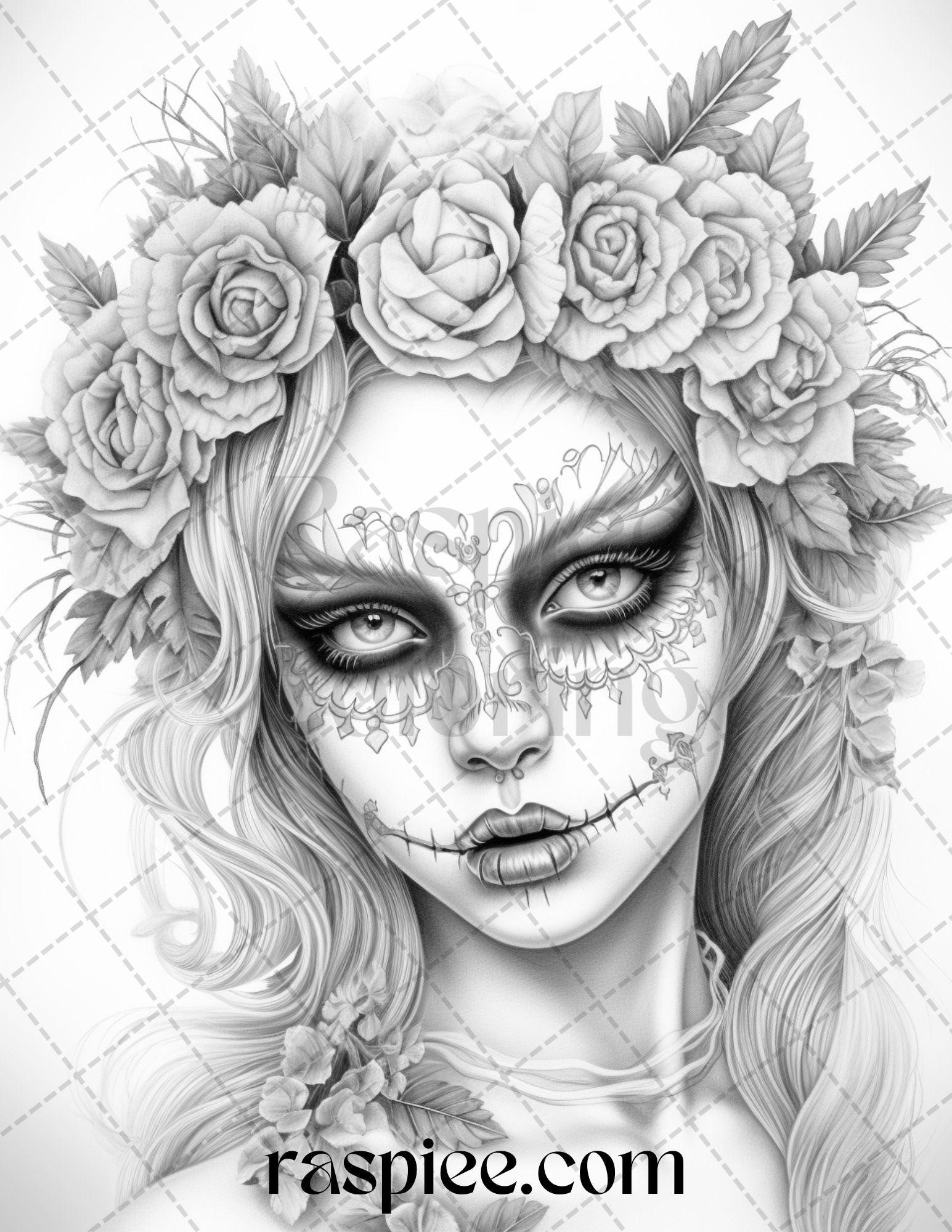 55 Halloween Girls Grayscale Coloring Pages Printable for Adults, PDF File Instant Download