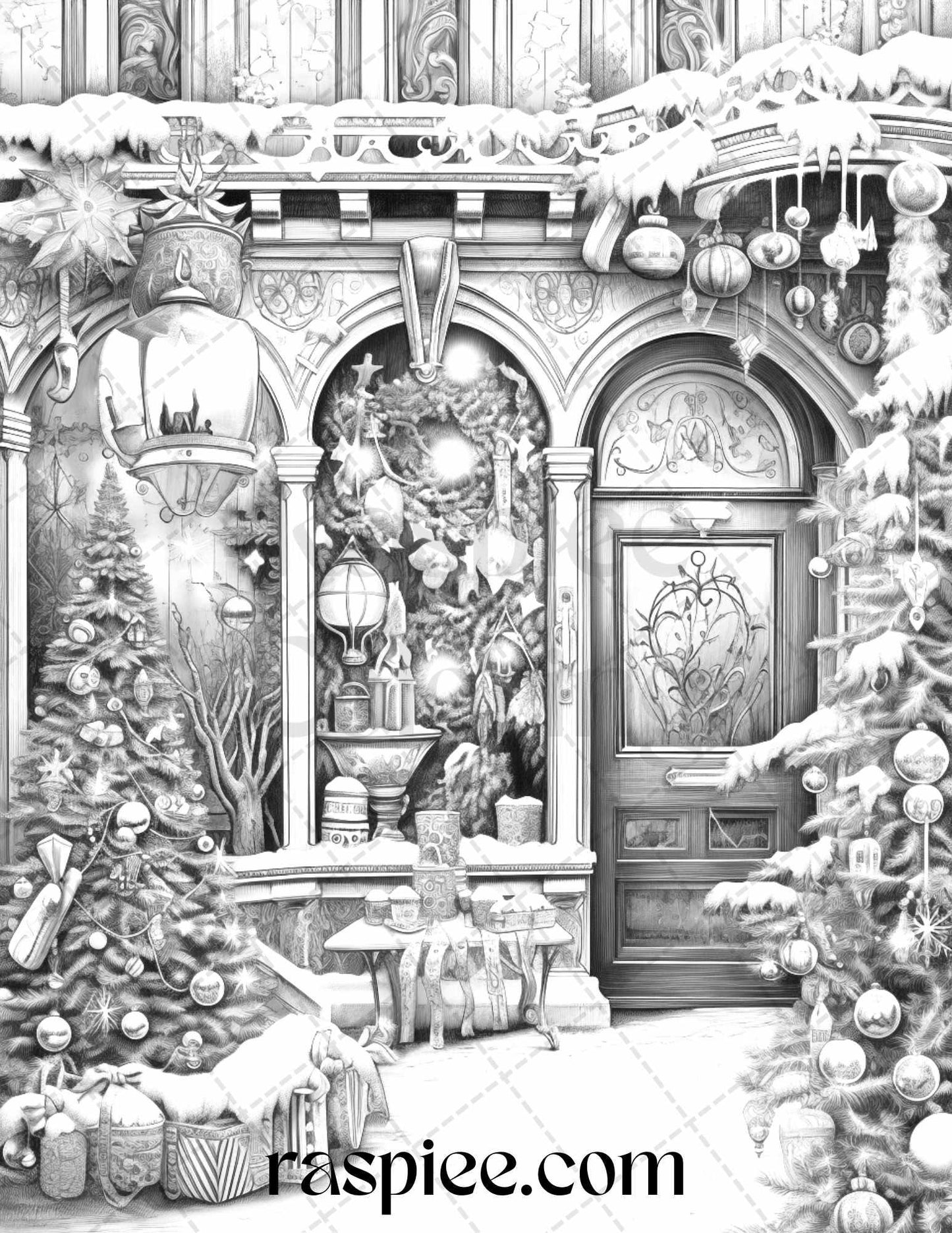Christmas Store Front Grayscale Coloring Pages for Adults, PDF Printable Instant Download