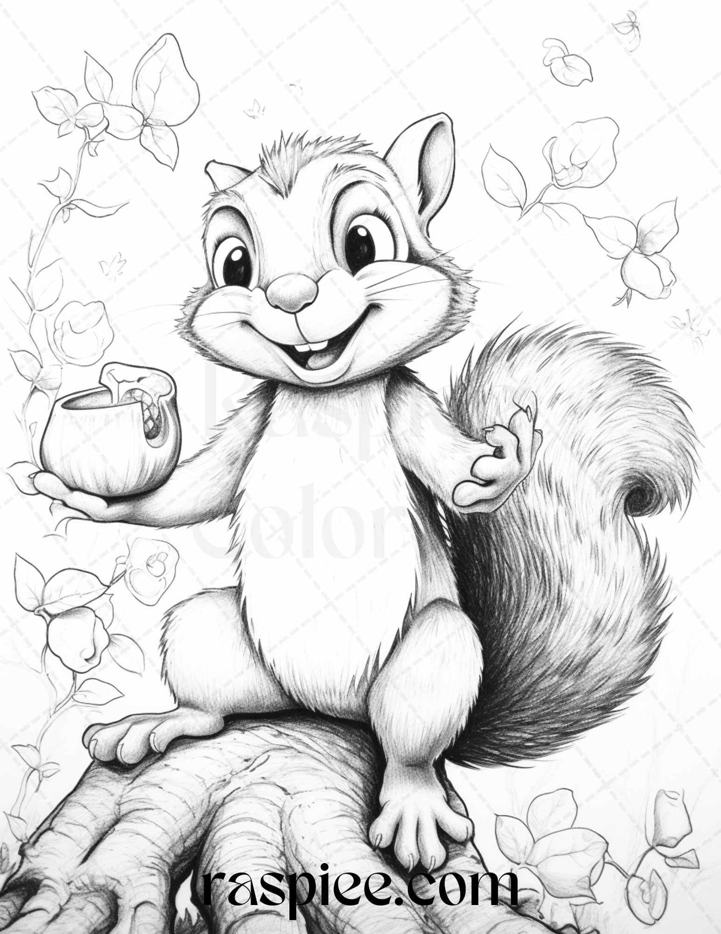 52 Adorable Squirrels Grayscale Coloring Pages Printable for Adults Kids, PDF File Instant Download