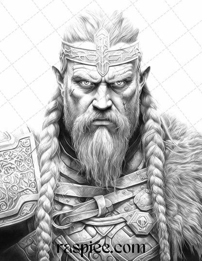 55 Viking Warriors Portrait Grayscale Coloring Pages Printable for Adults, PDF File Instant Download