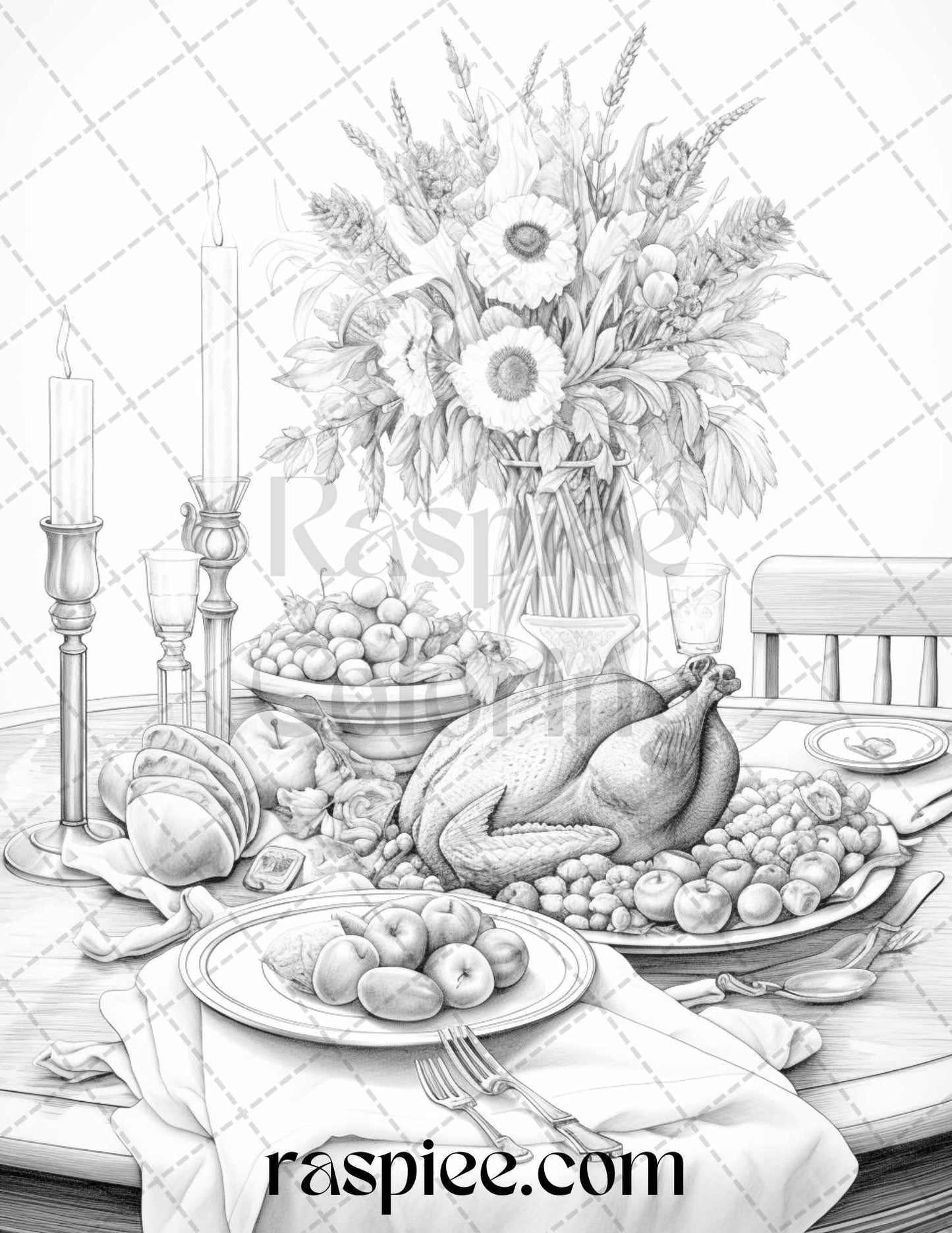 Thanksgiving Dinner Grayscale Coloring Pages for Adults, Relaxing Fall Coloring Sheets, Printable PDF File Instant Download