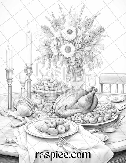 Thanksgiving Dinner Grayscale Coloring Pages for Adults, Relaxing Fall Coloring Sheets, Printable PDF File Instant Download