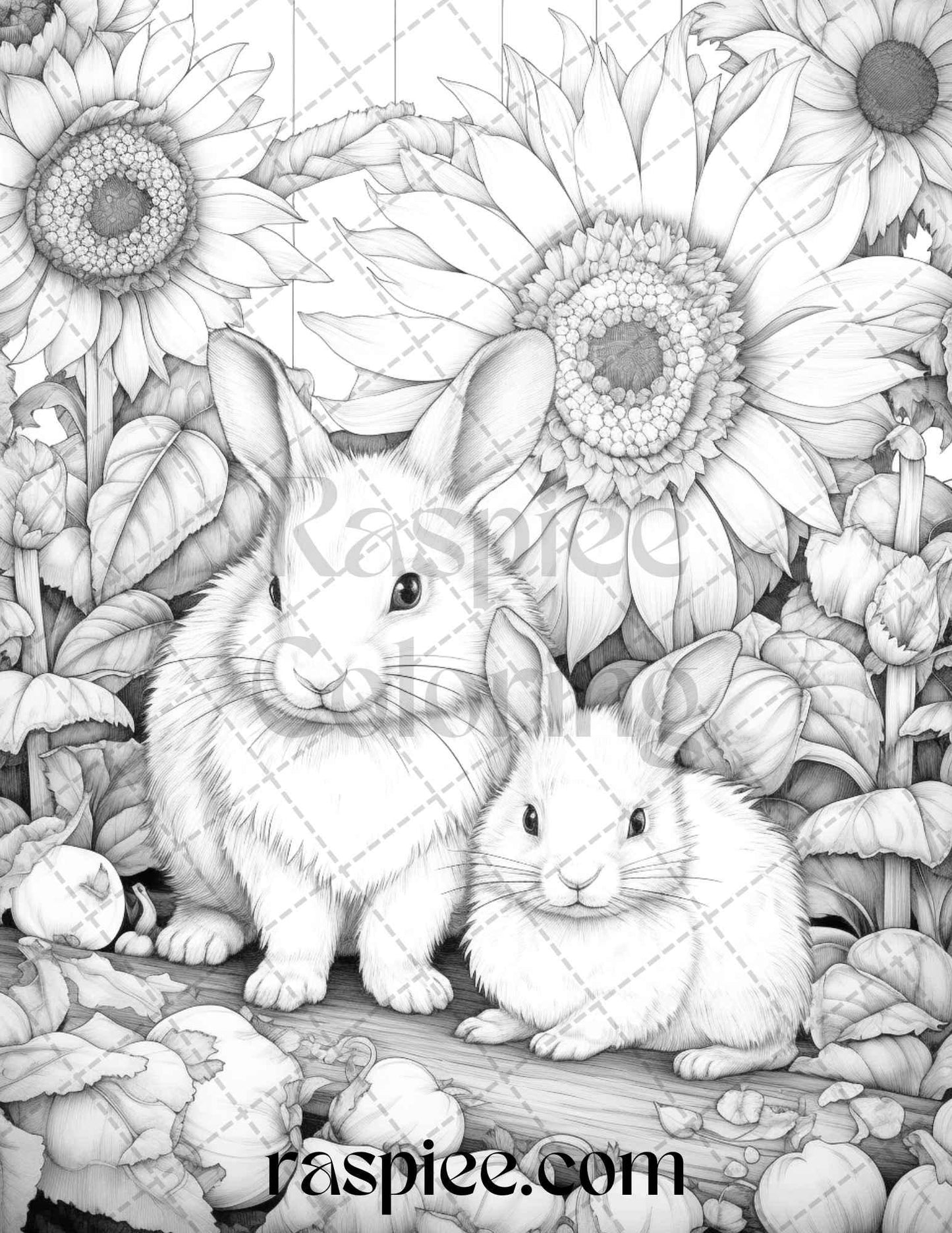 50 Rabbit Garden Grayscale Coloring Pages Printable for Adults, PDF File Instant Download