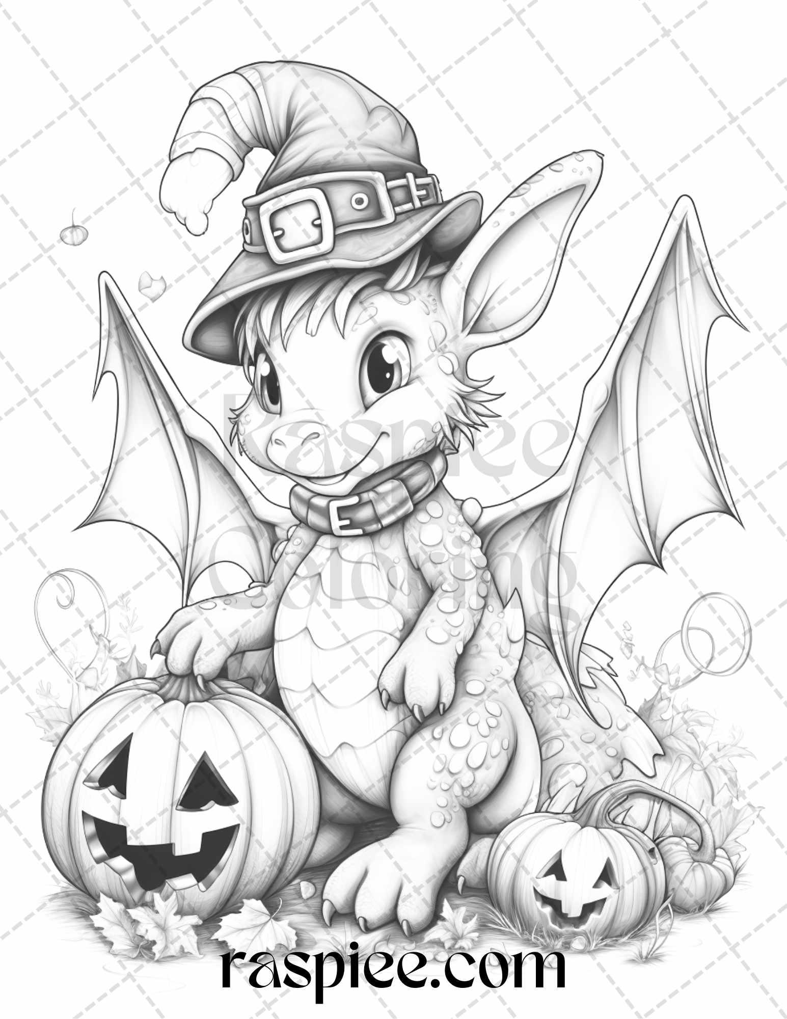 50 Cute Pumpkin Dragons Graycale Coloring Pages for Adults and Kids, Printable PDF File Instant Download