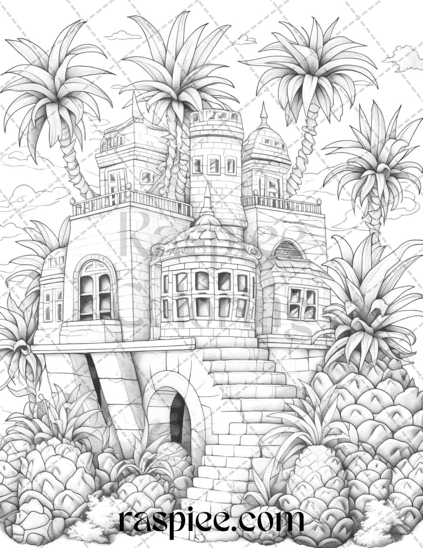50 Pineapple Houses Grayscale Coloring Pages Printable for Adults, PDF File Instant Download