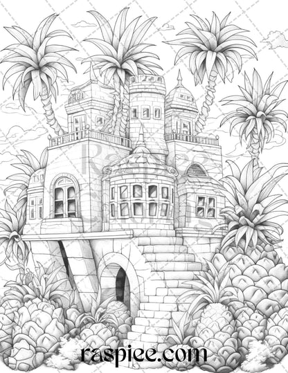 50 Pineapple Houses Grayscale Coloring Pages Printable for Adults, PDF File Instant Download
