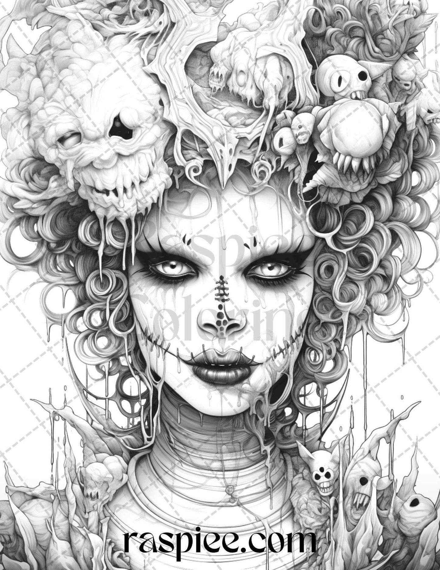 50 Scary Clown Girls Grayscale Coloring Pages Printable for Adults, PDF File Instant Download