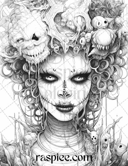 50 Scary Clown Girls Grayscale Coloring Pages Printable for Adults, PDF File Instant Download