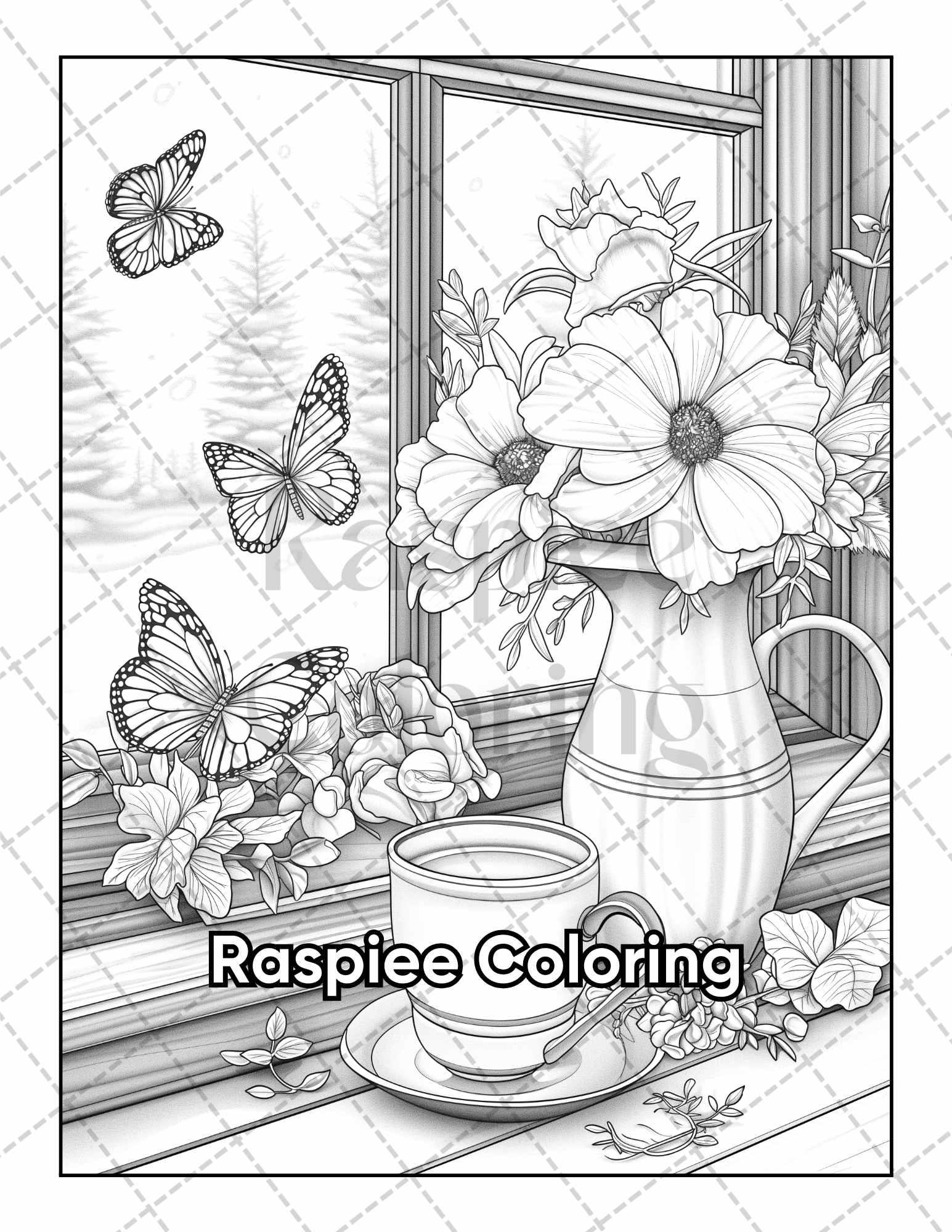 50 Butterflies & Flowers Grayscale Adult Coloring Pages Printable PDF Instant Download