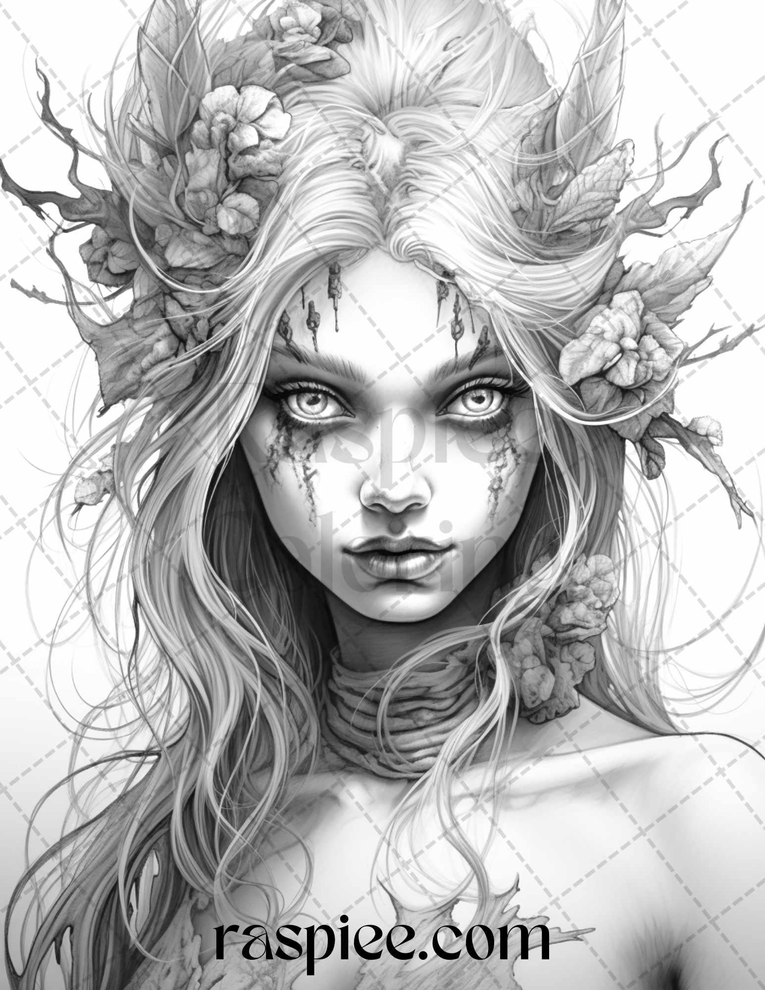 60 Halloween Zombie Fairy Grayscale Coloring Pages Printable for Adults, PDF File Instant Download