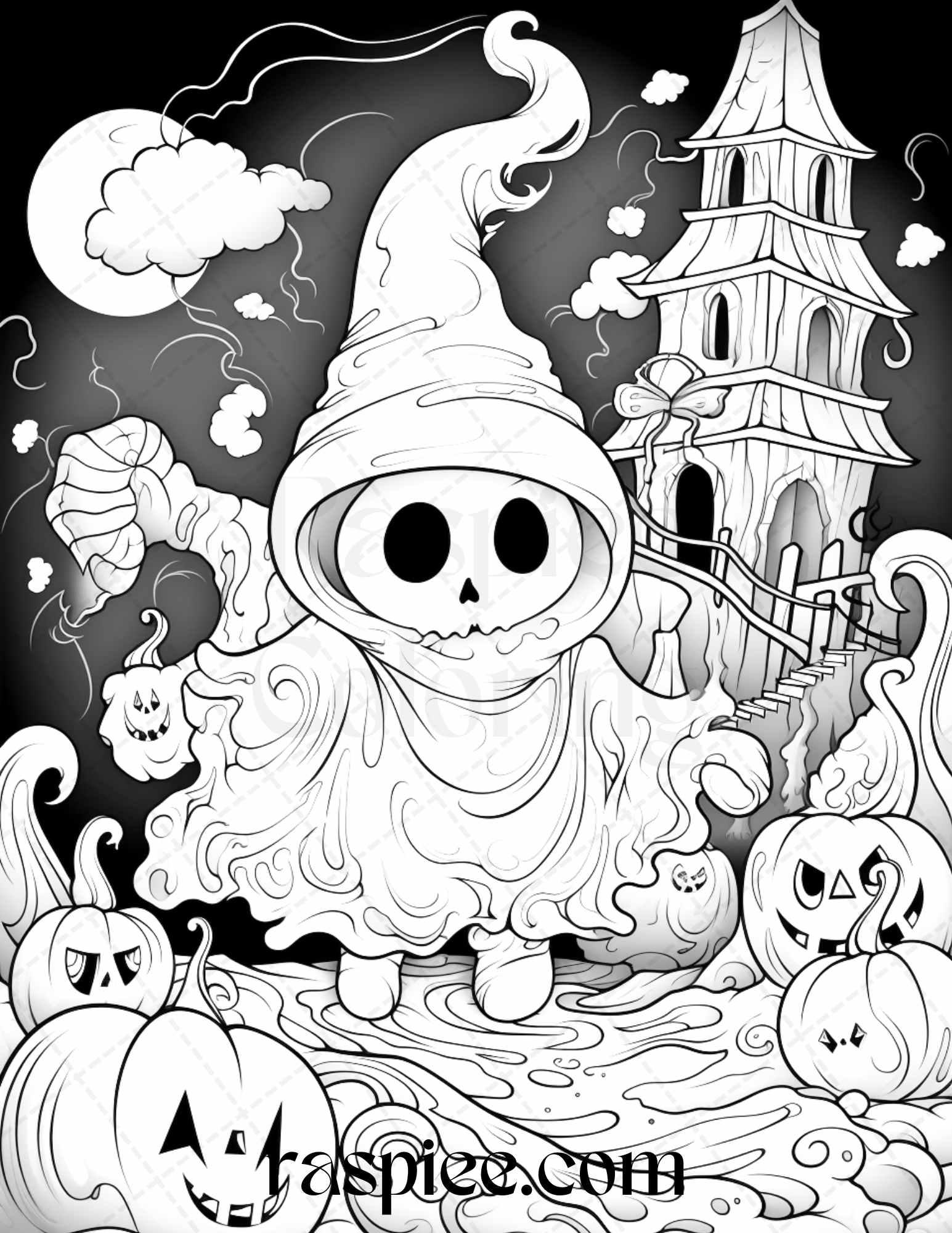 50 Halloween Cute Ghosts Grayscale Coloring Printable for Adults Kids, PDF File Instant Download