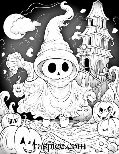 50 Halloween Cute Ghosts Grayscale Coloring Printable for Adults Kids, PDF File Instant Download