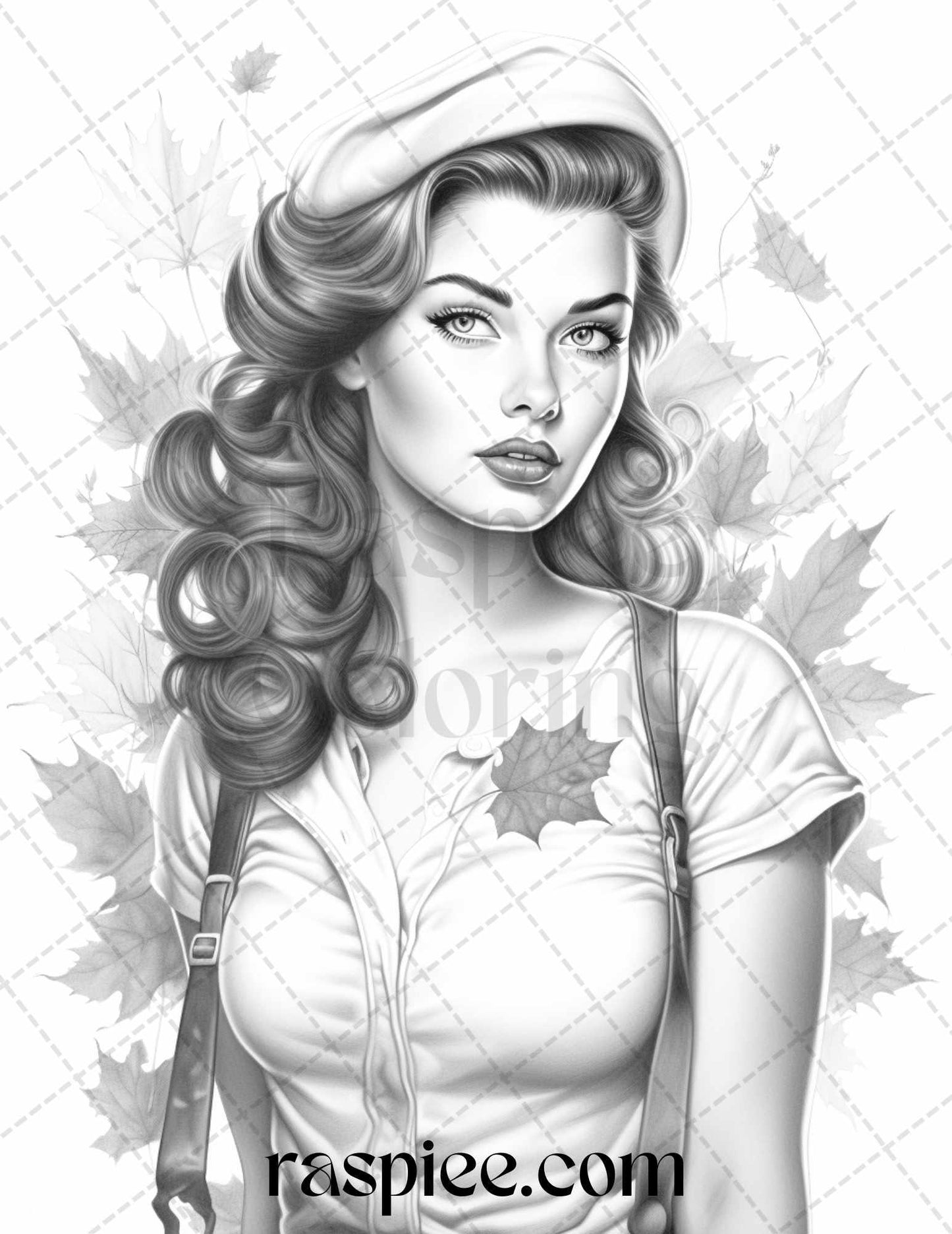 55 Autumn Pin Up Girls Grayscale Coloring Pages Printable for Adults, PDF File Instant Download