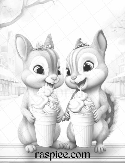 52 Adorable Squirrels Grayscale Coloring Pages Printable for Adults Kids, PDF File Instant Download