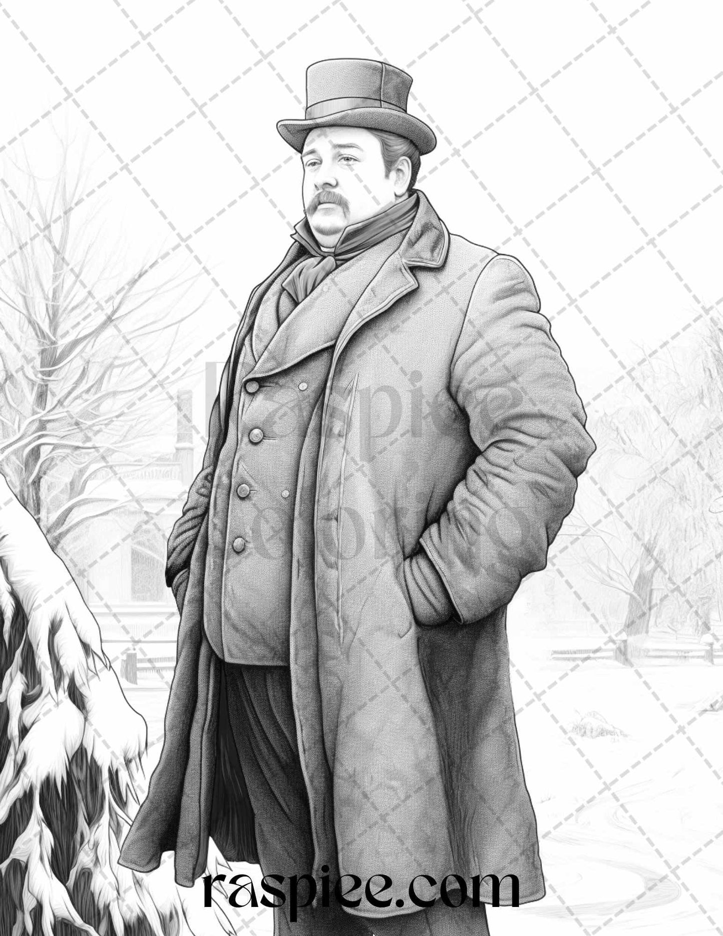 60 Victorian Winter Portrait Grayscale Coloring Pages Printable for Adults, PDF File Instant Download