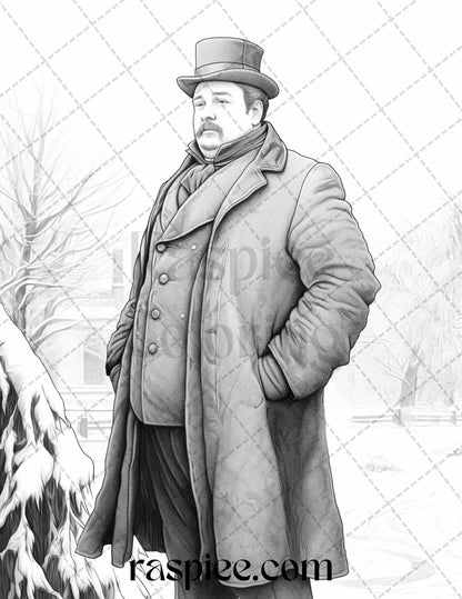 60 Victorian Winter Portrait Grayscale Coloring Pages Printable for Adults, PDF File Instant Download