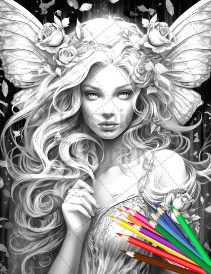 Beautiful Dark Fairy Grayscale Coloring Pages Printable for Adults, PDF File Instant Download