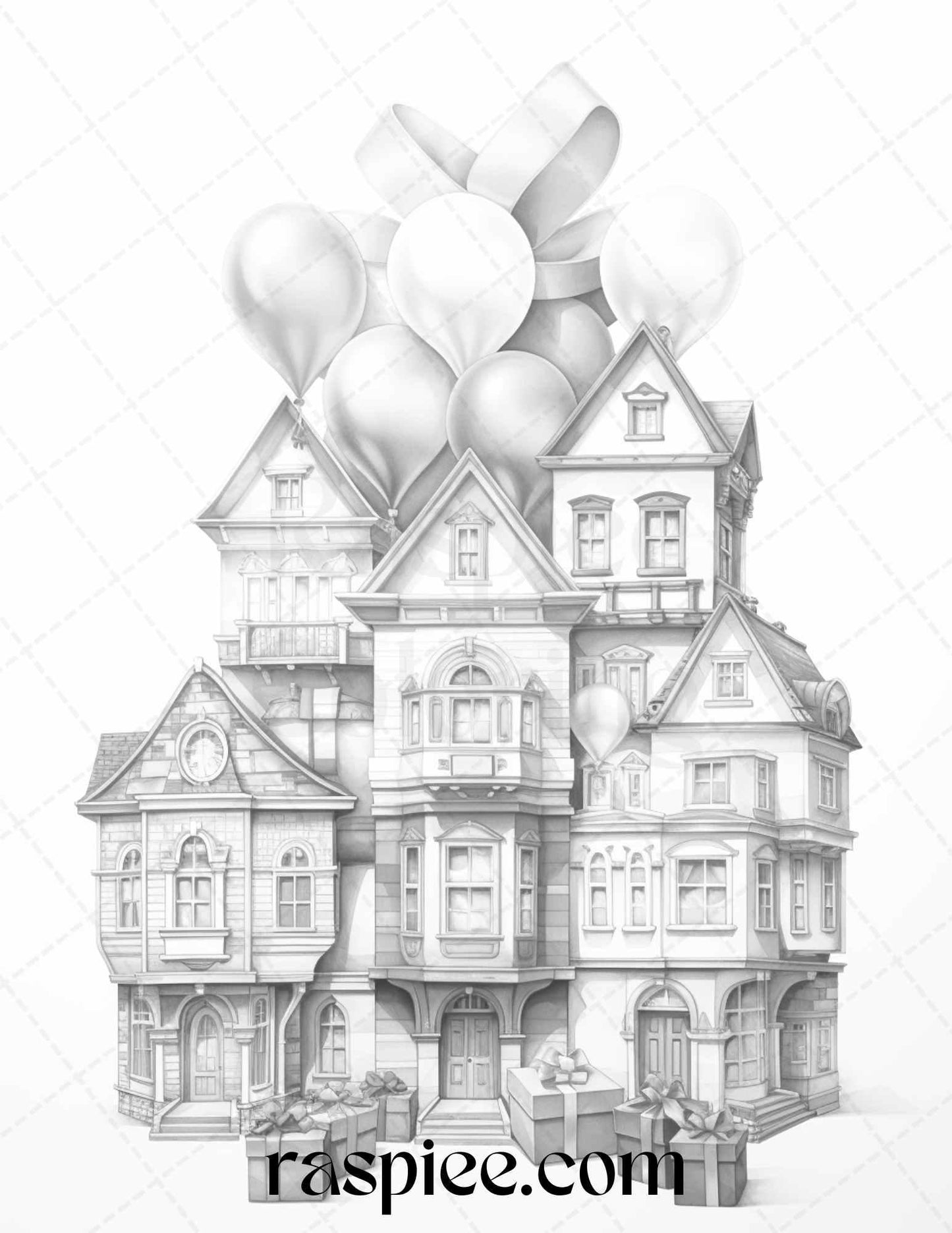 40 Adorable Gift Box Houses Grayscale Coloring Pages Printable for Adults Kids, PDF File Instant Download