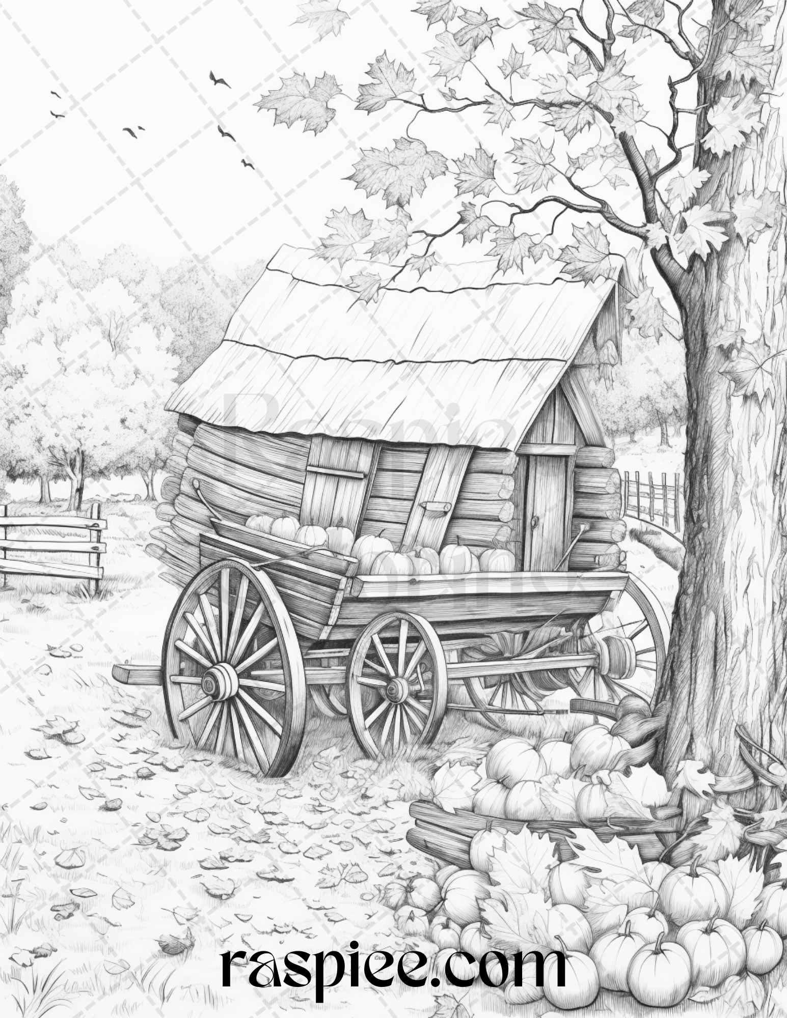 Autumn Scenery Grayscale Coloring Pages Printable for Adults, PDF File Instant Download
