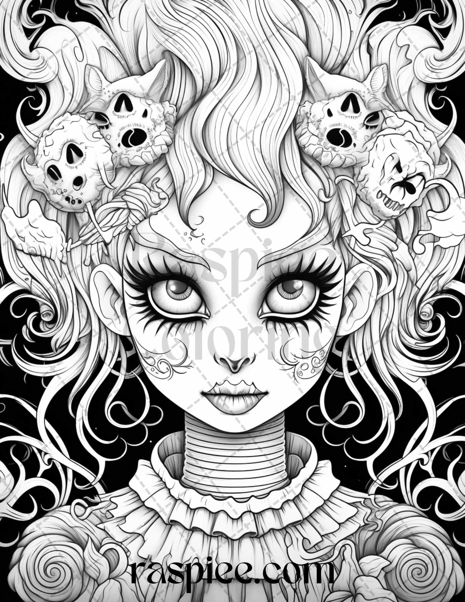 50 Spooky Miss Nightmare Grayscale Coloring Pages Printable for Adults, PDF File Instant Download