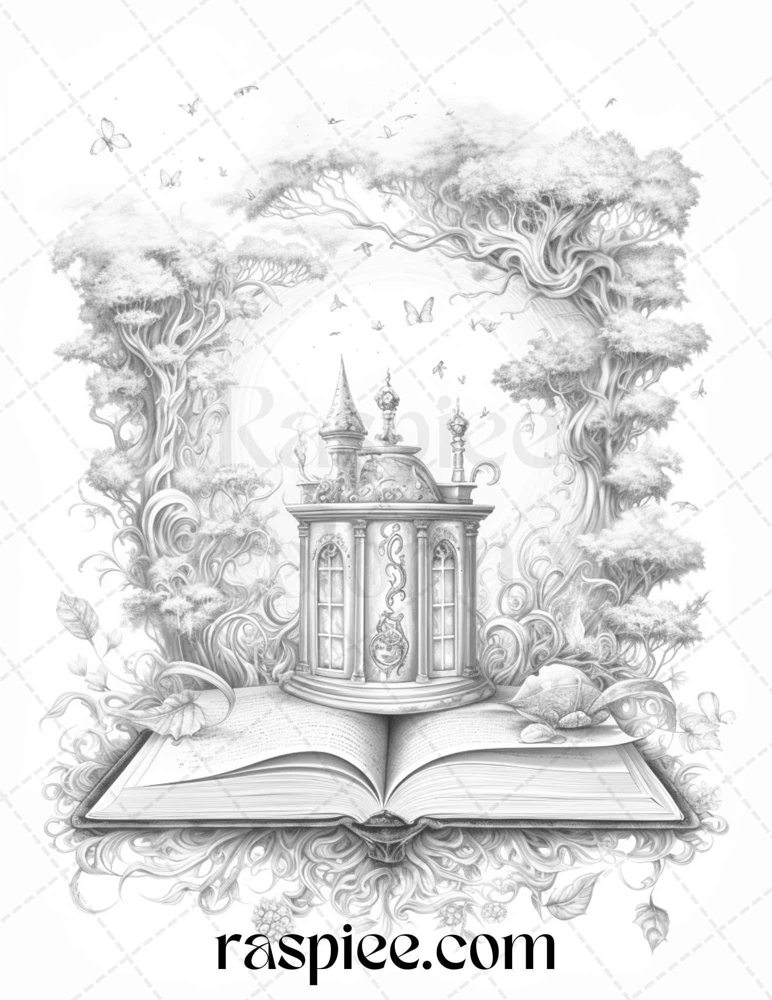 50 Magical Books Grayscale Coloring Pages Printable for Adults, PDF File Instant Download