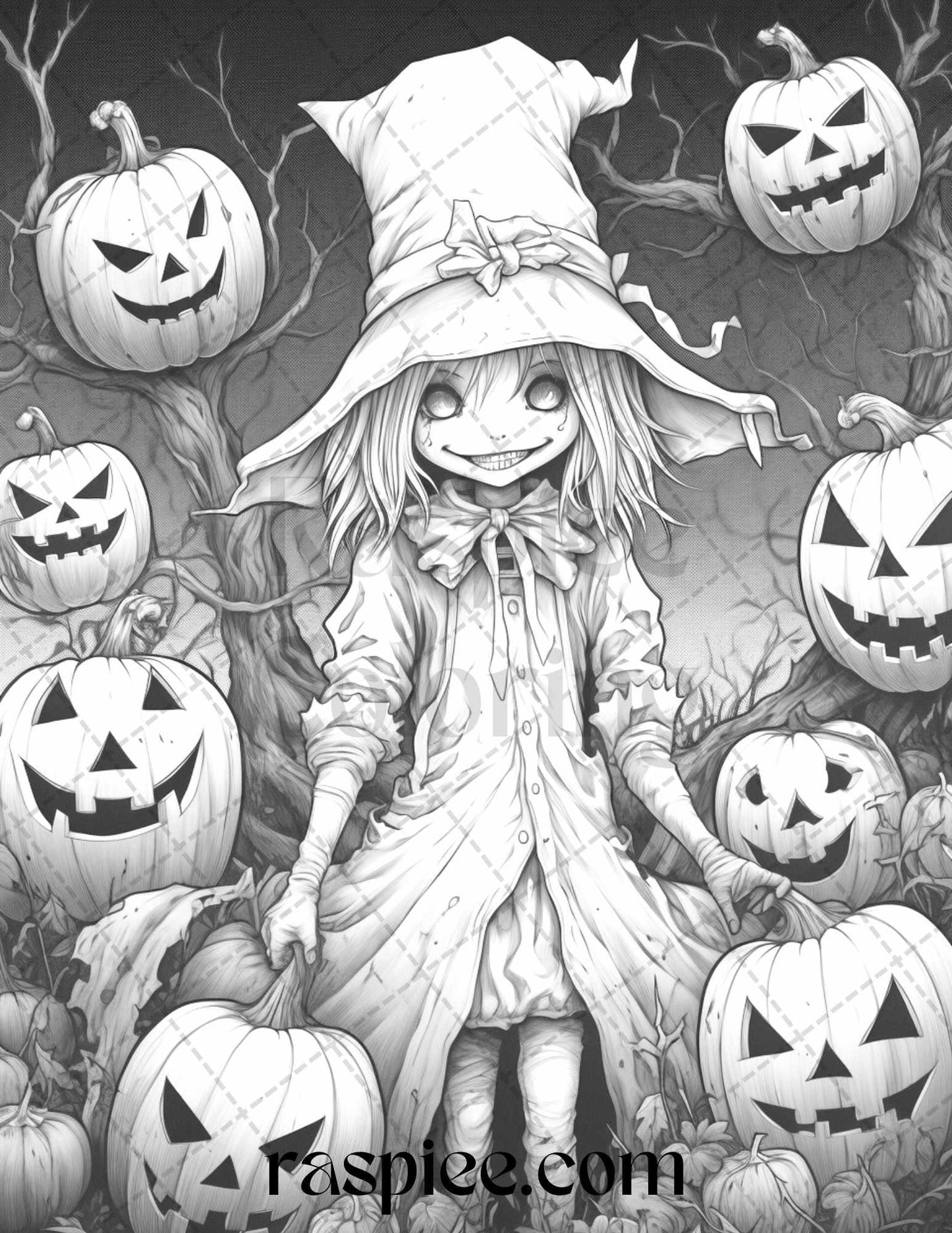 50 Halloween Scarecrows Grayscale Coloring Pages Printable for Adults, PDF File Instant Download