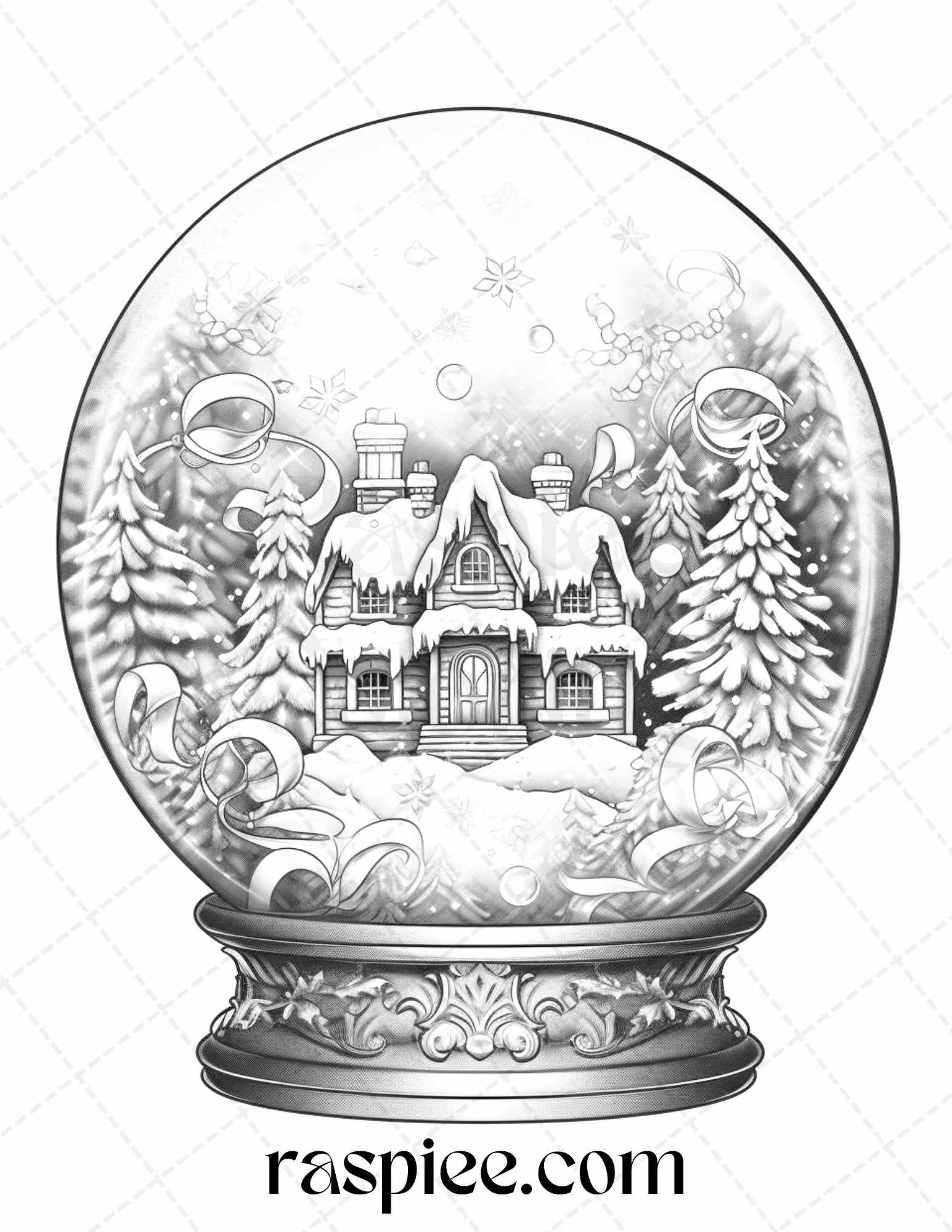 Cozy Cabin in Snow Globe Grayscale Coloring Pages Printable for Adults, PDF File Instant Download