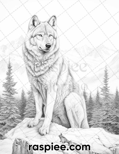 50 Winter Wolf Grayscale Coloring Pages for Adults, Printable PDF Instant Download