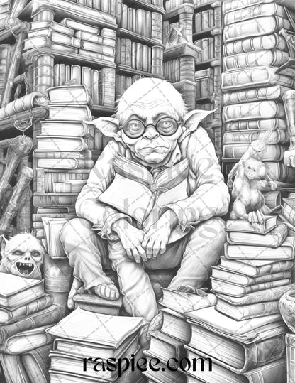 Fantasy Goblins Grayscale Coloring Pages Printable for Adults, PDF File Instant Download