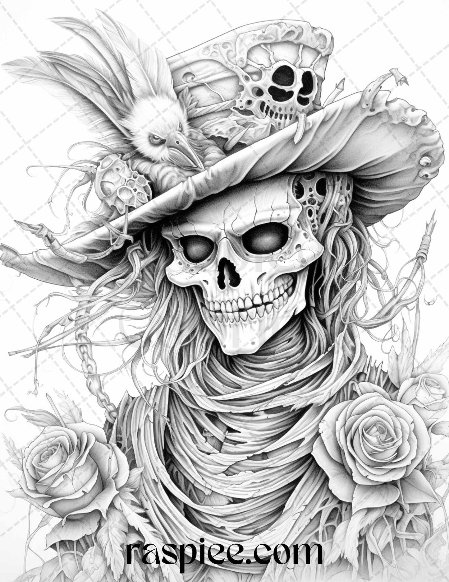 53 Scary Steampunk Scarecrows Grayscale Coloring Pages Printable for Adults, PDF File Instant Download