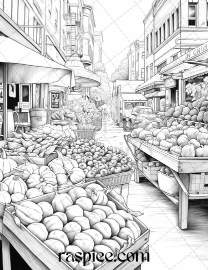 Autumn Street Markets Grayscale Coloring Pages for Adults, Printable PDF File Instant Download