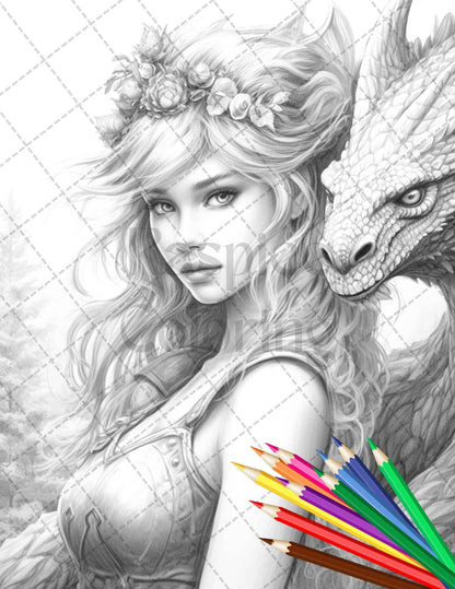 Enchanted Dragon Queens Grayscale Coloring Pages Printable for Adults, PDF File Instant Download