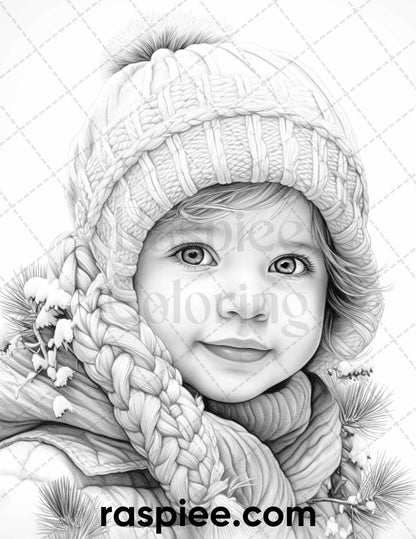 50 Baby Winter Portrait Grayscale Coloring Pages Printable for Adults, PDF File Instant Download