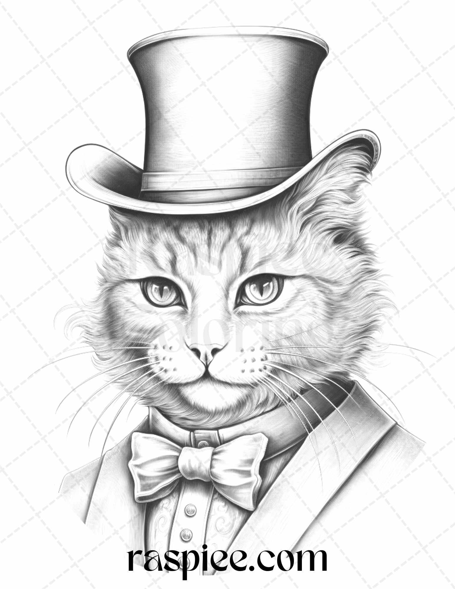 Gentleman Cat Grayscale Coloring Pages Printable for Adults Kids, PDF File Instant Download