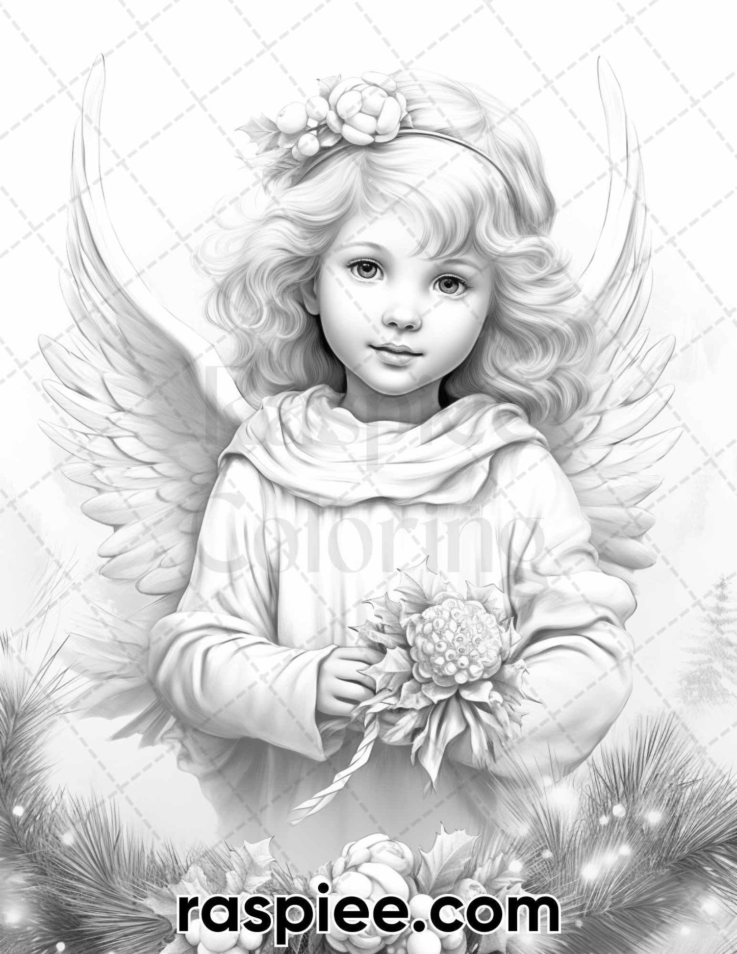 55 Christmas Angel Grayscale Coloring Pages for Adults, Printable PDF Instant Download
