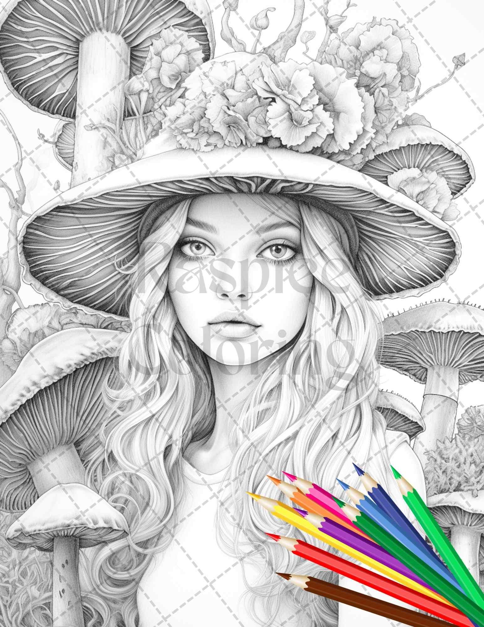 50 Mushroom Fairy Grayscale Coloring Pages Printable for Adults, PDF File Instant Download