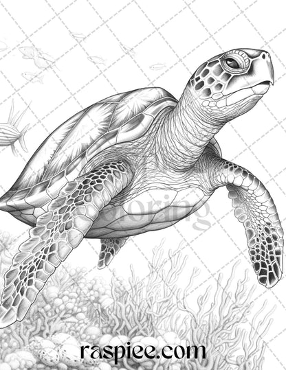 Ocean Life Grayscale Coloring Pages Printable for Adults Relaxation and Creativity, PDF File Instant Download
