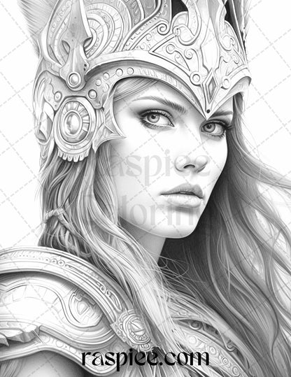Greek Women Warriors Grayscale Coloring Pages for Adults, Printable PDF File Instant Download