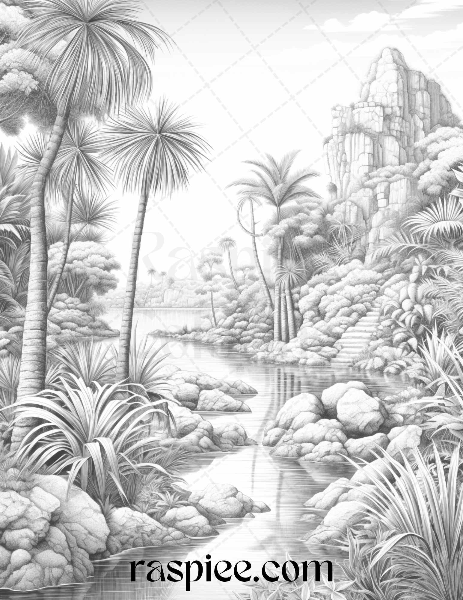 52 Tropical Oasis Grayscale Coloring Pages Printable for Adults, PDF File Instant Download