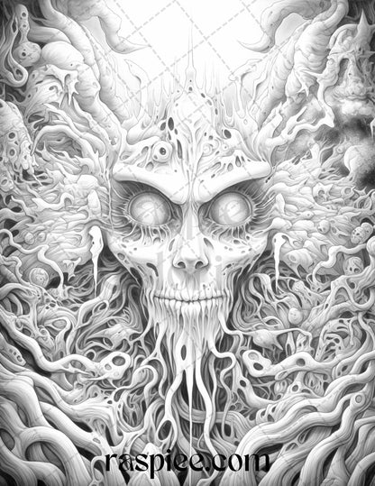 53 Surreal Creatures Grayscale Coloring Pages for Adults, Printable PDF File Instant Download
