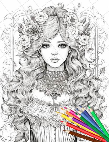 36 Beautiful Victorian Girls Coloring Pages Printable for Adults, Grayscale Coloring Page, PDF File Instant Download