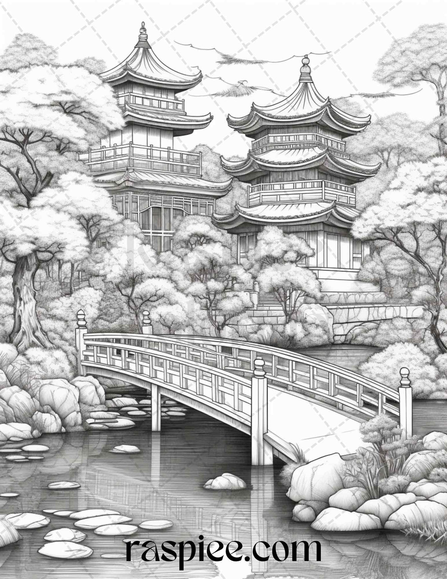 Japanese Garden Grayscale Coloring Pages Printable for Adults, PDF File Instant Download